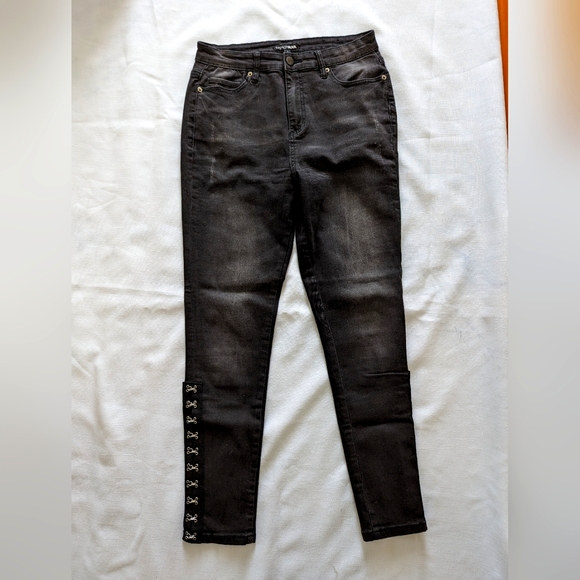 Fashion Nova Black Distressed Jeans with Hook and Eye Details on legs- 7 - Picture 1 of 5